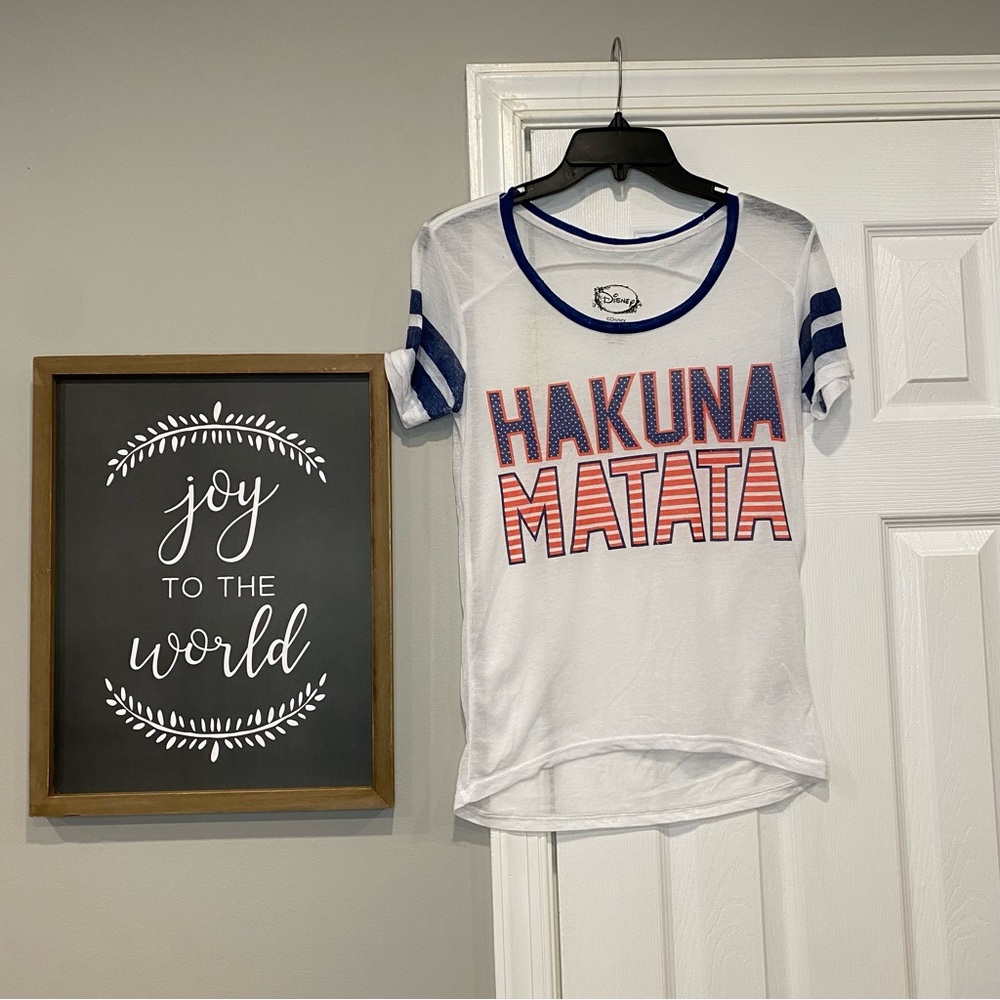 Disney Lion King Hakuna Matata Red White Blue Sheer Burn Out Tee Shirt XS